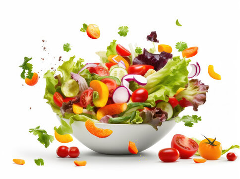 Assortment of vegetables for salad flying into a bowl on a white background