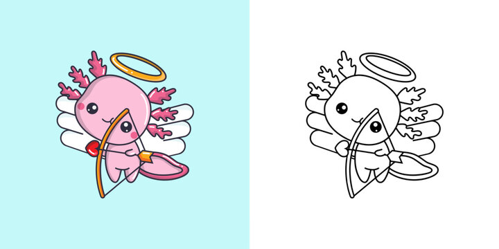 Cute Axolotl Clipart for Coloring Page and Illustration. Happy Salamander Illustration. Vector Illustration of a Kawaii Amphibian for Stickers, Prints for Clothes, Baby Shower, Coloring Pages.
