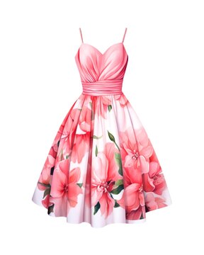 Watercolor illustration of a pink floral dress isolated on white background. Generative AI.