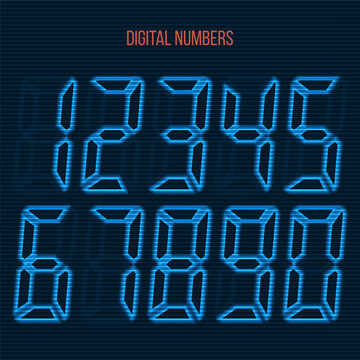 Electronic figures. LCD numbers for a electronic devices. Digital glowing numbers. Vector illustration.