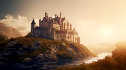 Obraz premium Fantasy european style medieval castle in the mountains, scenic view, ai generated