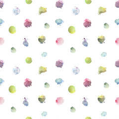 Seamless watercolor pattern of paint stains in pastel colors on a transparent background