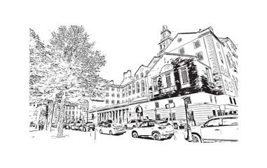Building view with landmark of Providence is the capital city in U.S. state. Hand drawn sketch illustration in vector.