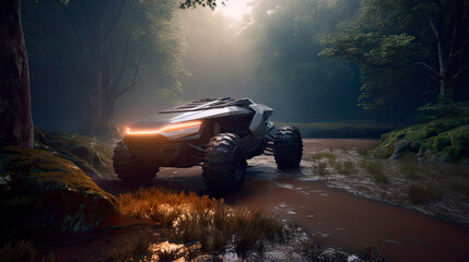 Futuristic offroad buggy in the forest