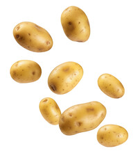 Falling fresh potatoes isolated on transparent or white background, png