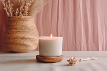 A burning interior candle. The theme of comfort and coziness. Boho still. Warm cozy atmosphere in pastel colors.  AI generated.