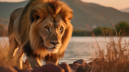 Naklejka premium Generative ai illustration of a African male Lion with mountain and river