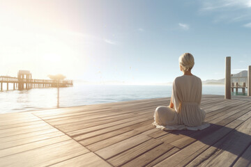 Woman in White Dress Sitting in Lotus Pose Near Sea. Practicing Yoga with Seaview. Generative AI.