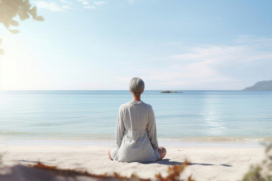 Elderly Woman in White Clothes Sitting Near the Sea. Practicing Yoga with Seaview. Generative AI.
