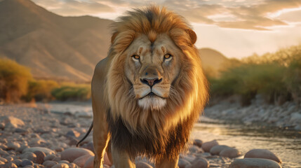 Obraz premium Generative ai illustration of a African male Lion with mountain and river