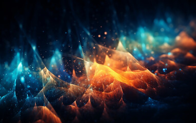 Visualization of orange and blue wave particle. Generative AI technology.