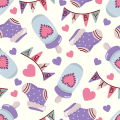 Fototapeta premium Seamless baby pattern. Pastel colors. Icons of baby items. Hand drawn style. On a light yellow background. Also for printing on paper and fabric.