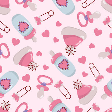 Seamless pattern with baby icons. With the image of a hat, a pin, a baby bottle and hearts. Drawn style. In color, in pastel colors, on a pink background. Also for printing on paper and fabric. Stock 