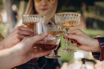 Girls' hands hold delicious summer cocktails raise them for a cheers. Best friends, girls, sit on wooden stairs, holding glasses with refreshing drink. A group of young girls drinking wine.