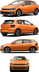 Realistic Vector 3d Car hatchback Isolated Orange color with transparency gradients, manual tracing and front, side and isometric view  - obrazy, fototapety, plakaty