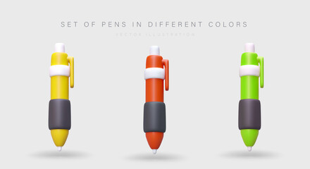 Collection of bright 3D plastic pens. Vector images in cartoon style. Ballpoint pens in different colors. Icons with shadows. Accessories for writing. Traffic light colors