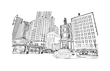 Building view with landmark of Providence is the capital city in U.S. state. Hand drawn sketch illustration in vector.