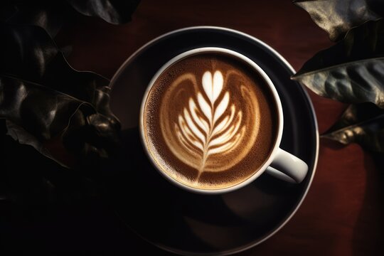 Hot latte art cofffee cup on wooden background. Generative AI
