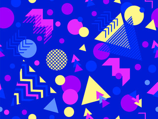 Memphis seamless pattern with geometric shapes in 80s style. Multicolored geometric shapes on blue background. Design of promotional products, wrapping paper and printing. Vector illustration