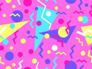 Obraz premium Memphis seamless pattern with geometric shapes in 80s style. Multicolored geometric shapes. Design of promotional products, wrapping paper, covers and printing. Vector illustration
