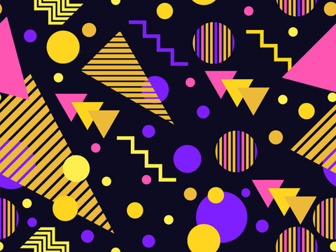 Memphis seamless pattern with geometric shapes in 80s style. Multicolored geometric shapes on black. Design of promotional products, wrapping paper and printing. Vector illustration