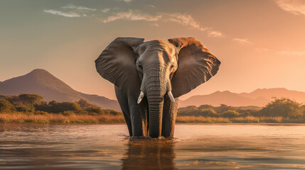 Generative ai illustration of African male elephant with mountain and river