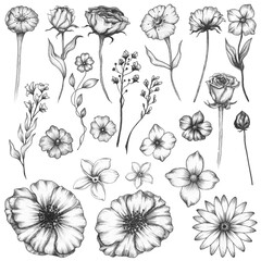 Set of Hand-drawn Ink Flowers on an Isolated Background, Floral Line Art, Black and White  Flower Drawing, Flowers Collection