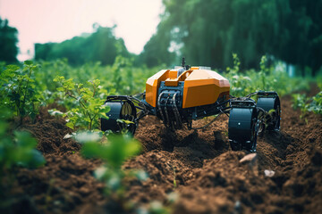 image of an orange-black farmer robot weeding crops on the agricultural field.