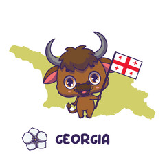 National animal european bison holding the flag of Georgia. National flower cherokee rose displayed on bottom left