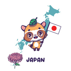 National animal raccoon dog holding the flag of Japan. National flower chrysanthemum displayed on bottom left