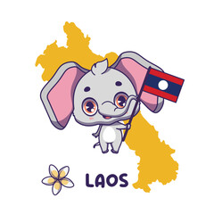 National animal elephant holding the flag of Laos. National flower champa displayed on bottom left