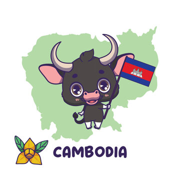 National animal kouprey holding the flag of Cambodia. National flower romduol displayed on bottom left