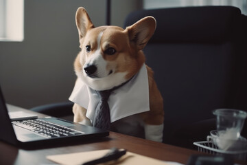 Dog businessman in a suit works at a laptop in the office, AI Generated