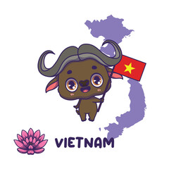 National animal buffalo holding the flag of Vietnam. National flower lotus displayed on bottom left