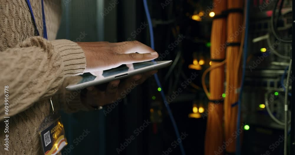 Poster Hands of man in data center with tablet, network administration and engineer in digital storage for cyber security. Tech employee, system maintenance and technician online in server room for update.