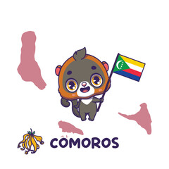 National animal mongoose lemur holding the flag of Comoros. National flower ylang ylang displayed on bottom left