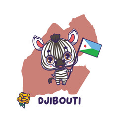 National animal zebra holding the flag of Djibouti. National flower butterball displayed on bottom left