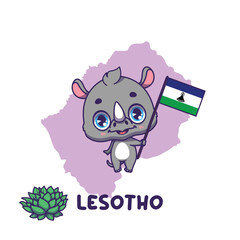National animal black rhino holding the flag of Lesotho. National flower spiral aloe displayed on bottom left