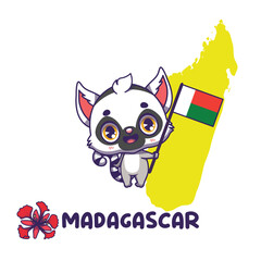 National animal lemur holding the flag of Madagascar. National flower poinciana displayed on bottom left © agnessz