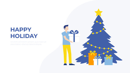 Man puts the present under the cristmas tree modern vector. New Year celebration concept.