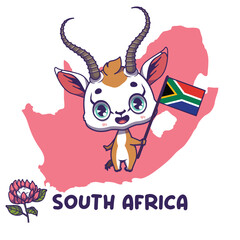 National animal springbok holding the flag of South Africa. National flower king protea displayed on bottom left