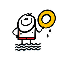 Funny stickman in swimming trunks is standing in the water and holding a wet inflatable circle. Vector illustration of a character on vacation.