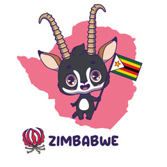National animal sable antelope holding the flag of Zimbabwe. National flower flame lily displayed on bottom left