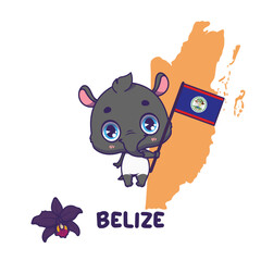 National animal tapir holding the flag of Belize. National flower black orchid displayed on bottom left