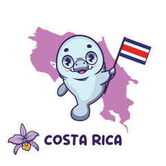 National animal manatee holding the flag of Costa Rica. National flower purple country girl displayed on bottom left