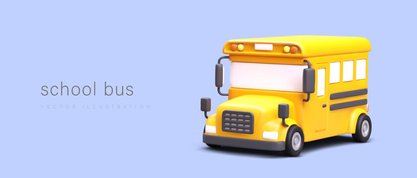 Realistic yellow school bus. Poster on purple background with place for text. Safety of children on road. Advertising template for carriers. Group transportation of schoolchildren