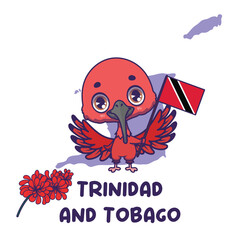 National animal scarlet ibis holding the flag of Trinidad and Tobago. National flower chaconia displayed on bottom left