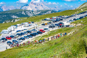 Arrivals leave the parking area of Tre Cime in the morning. Tre Cime, Dolomites, South Tirol,...