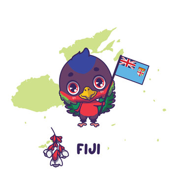 National animal collared lory holding the flag of Fiji. National flower tagimoucia displayed on bottom left