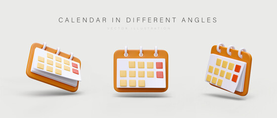 3D flip calendar on spring. Realistic planner with tear off pages. Calendar with red weekend marks. Set of colored icons on gray background. Time management, planning